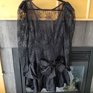 Steppin Out Vintage Black Lace Long Sleeve Tiered Mini Party Dress with Bow Deta